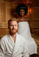 Smiling Man and Woman Relaxing in Sauna Room with Wooden Interior