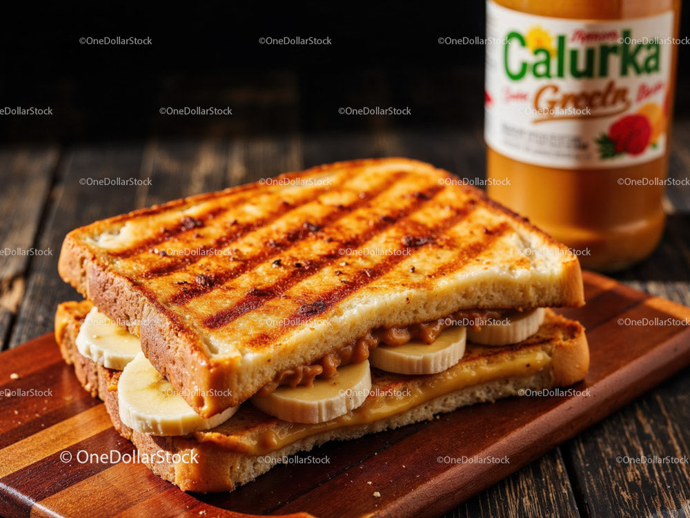 Grilled Peanut Butter and Banana Sandwich on Wooden Board