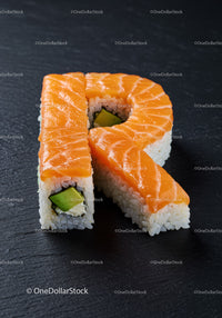 Sushi Roll Shaped Like Letter R with Fresh Salmon