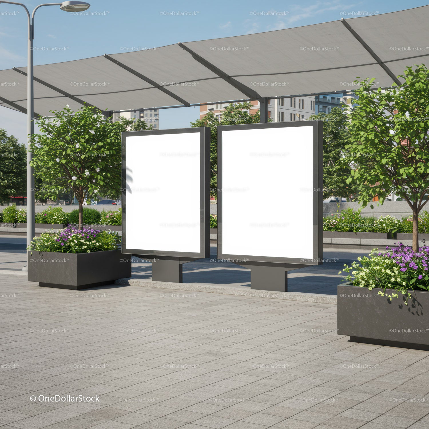 Urban Outdoor Bus Stop with Blank Advertising Signs