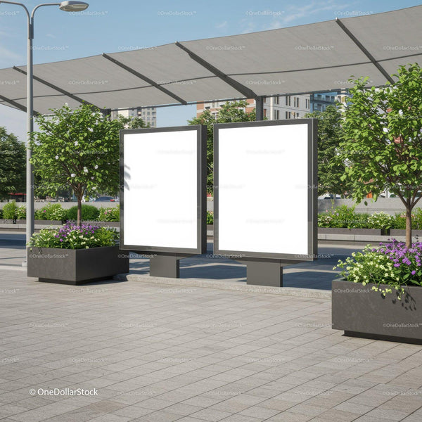 Urban Outdoor Bus Stop with Blank Advertising Signs JPG Mockup Image