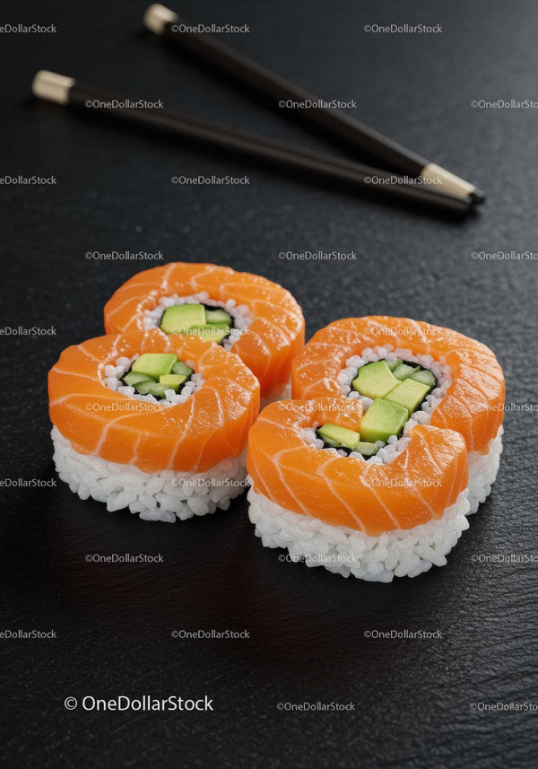 Fresh salmon sushi rolls with avocado and cucumber filling