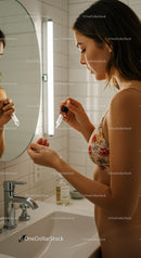 Woman Applying Skincare Serum with Dropper in Bathroom