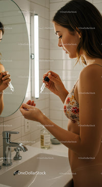 Woman Applying Skincare Serum with Dropper in Bathroom