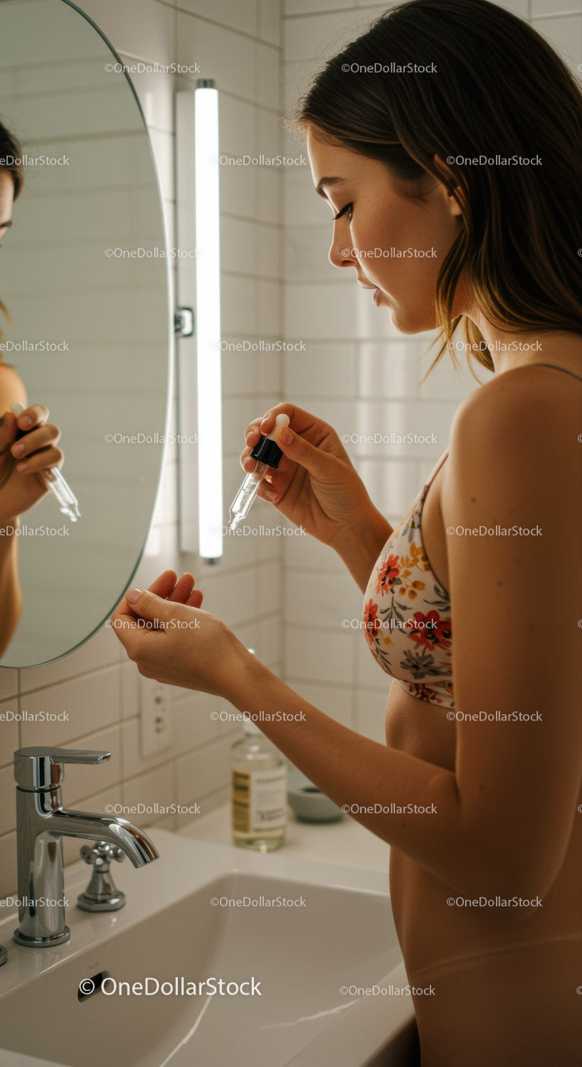 Kobieta nakładająca serum do pielęgnacji skóry za pomocą kroplomierza w łazience
