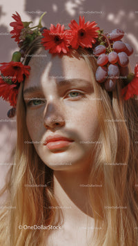 Young Woman with Red Floral Crown and Purple Grapes Outdoor Portrait