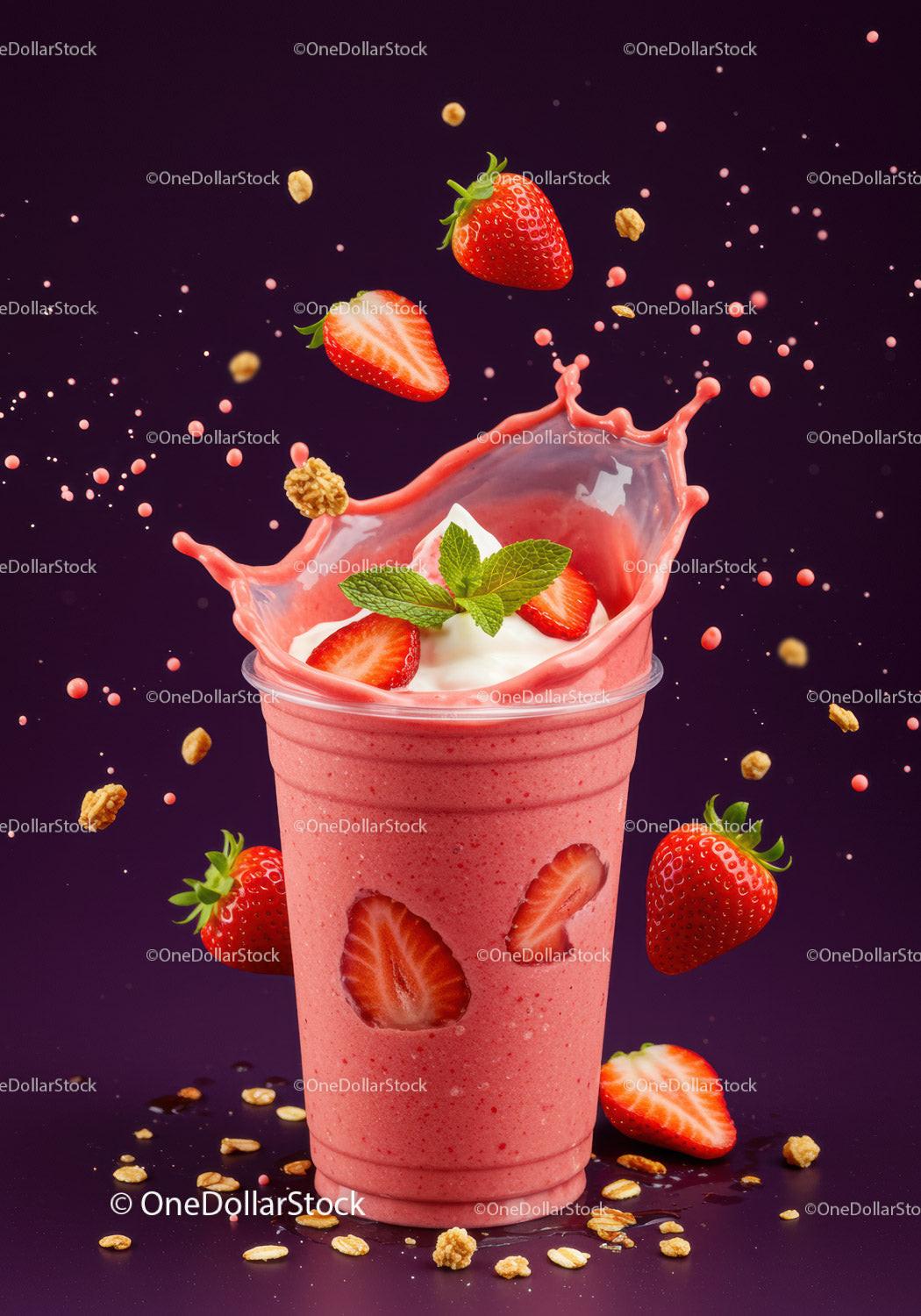Fresh Strawberry Smoothie with Yogurt and Granola Splash