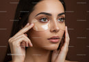 Young woman applying facial serum with skincare products