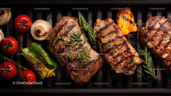 Juicy grilled beef steaks with roasted vegetables and fresh herbs