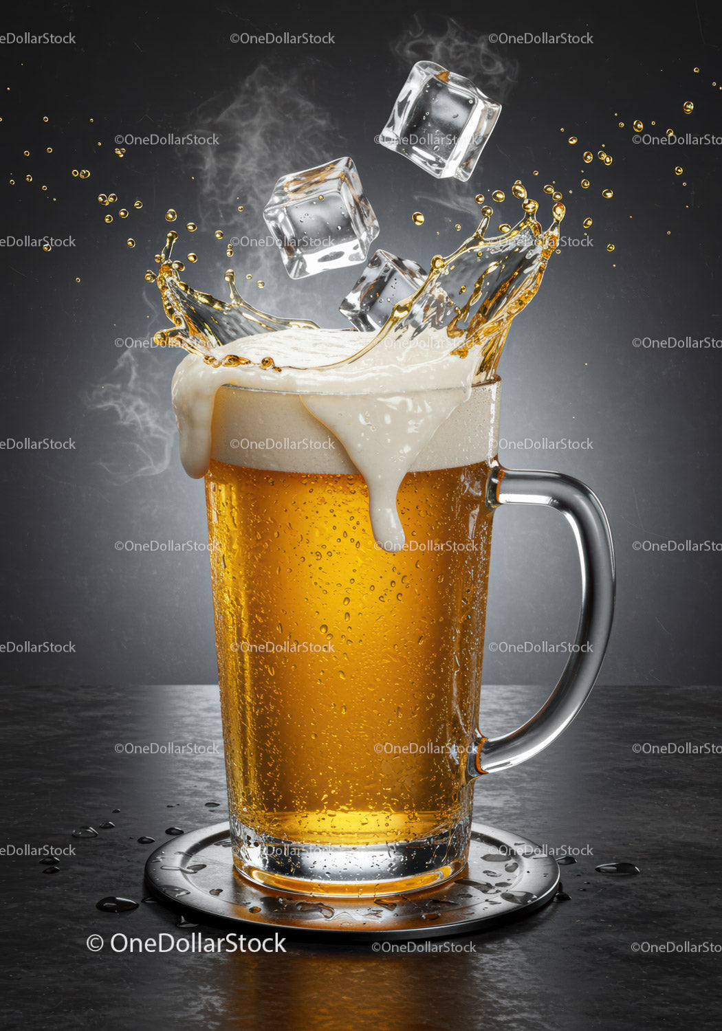 Golden beer splash with ice cubes in glass mug