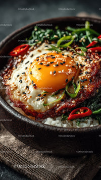 Korean Bibimbap with Fried Egg and Vegetables in Black Bowl