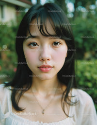 Portrait of a Young Woman with Black Hair and Serene Expression Outdoors