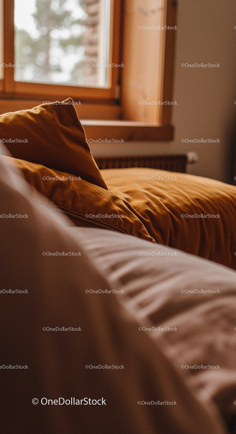 Cozy bedroom with warm natural lighting and soft bedding