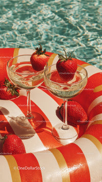 Strawberries in Cocktail Glasses by Poolside on Summer Day