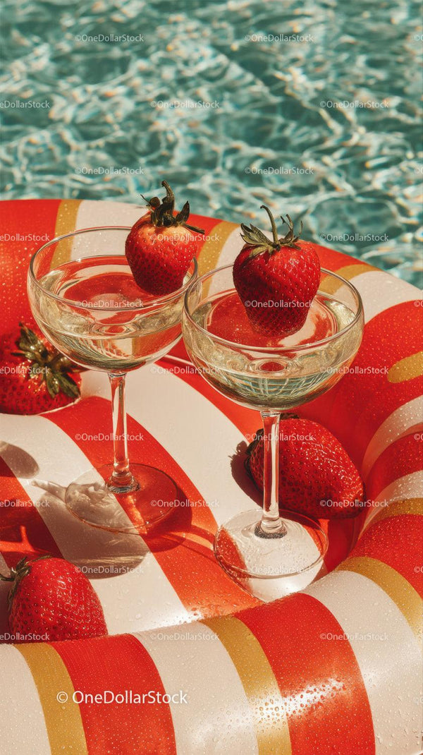 Strawberries in Cocktail Glasses by Poolside on Summer Day