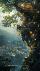 Whimsical Treehouse Village with Glowing Lanterns in Fantasy Forest