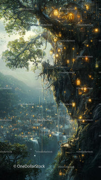 Whimsical Treehouse Village with Glowing Lanterns in Fantasy Forest