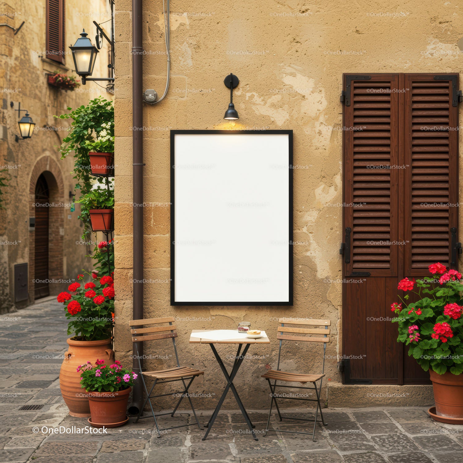 Cozy outdoor cafe seating with blank menu board
