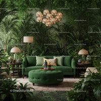Cozy living room with lush tropical green decor