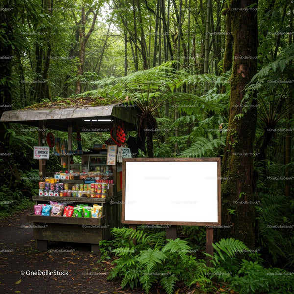 Small Forest Snack Stand with Blank Wooden Sign JPG Mockup Image