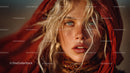 Glamorous Blonde Woman with Blue Eyes Wearing Red Scarf in Studio