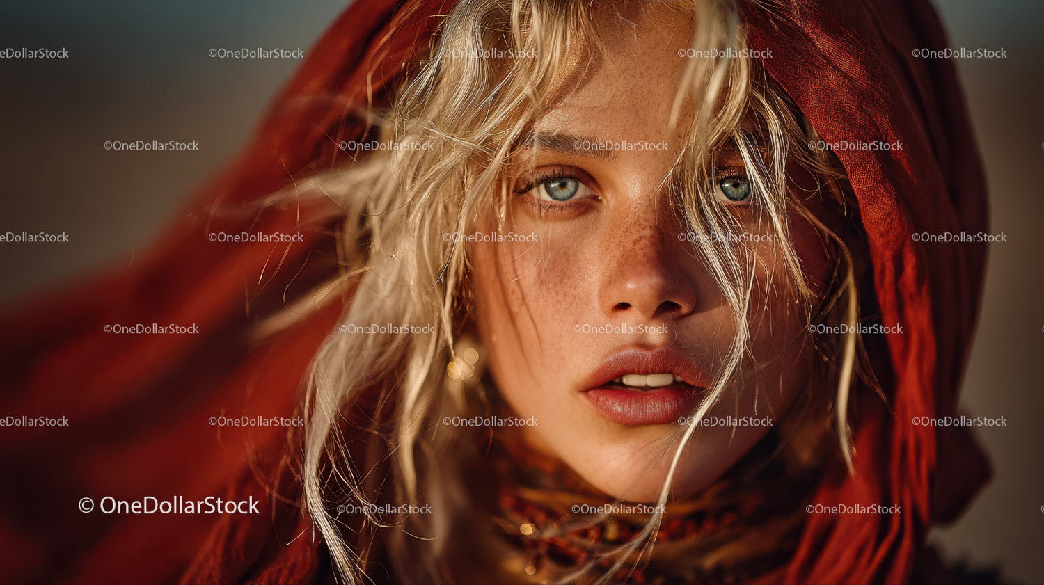 Glamorous Blonde Woman with Blue Eyes Wearing Red Scarf in Studio