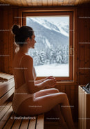 Young Woman Relaxing in Wooden Sauna with Snowy Mountain View
