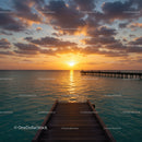 Beautiful Sunset Over Ocean Pier with Vibrant Sky and Calm Water