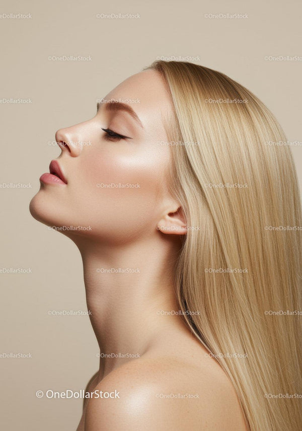 Profile of serene woman with flawless skin and straight blonde hair