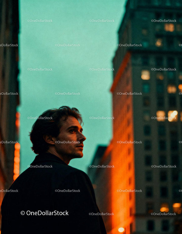 Thoughtful young man in city lights at dusk