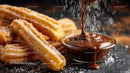 Churros with Melted Chocolate Dip in a Close-Up View