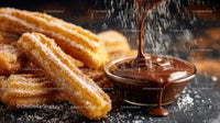 Churros with Melted Chocolate Dip in a Close-Up View