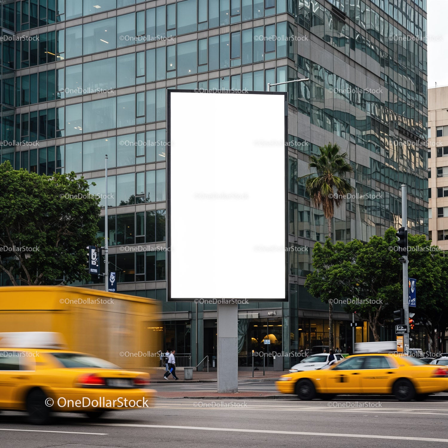 Empty Urban Billboard with Moving Yellow Taxis