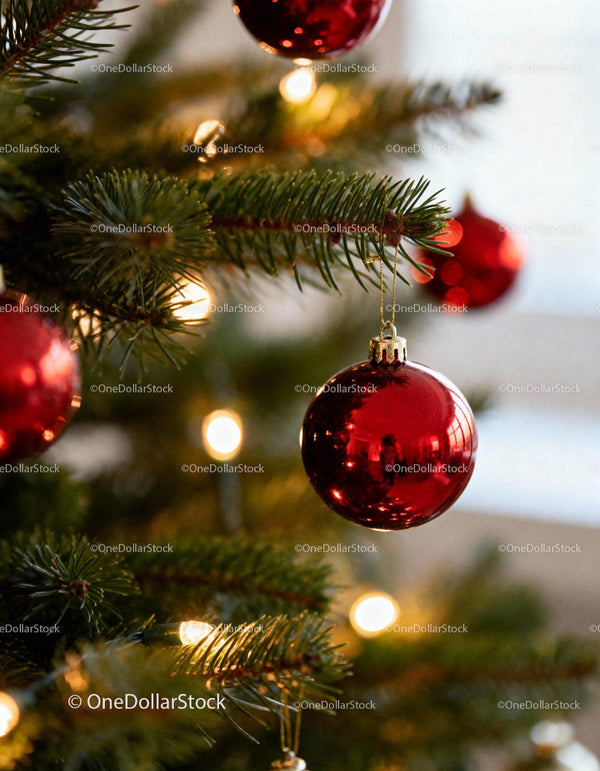 Red Christmas ornaments hanging on evergreen tree