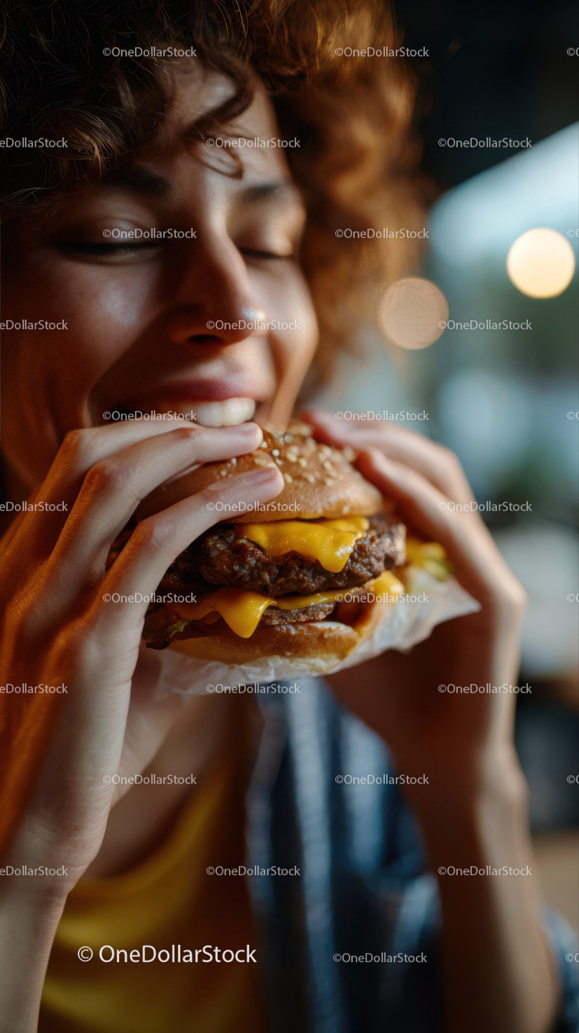 Młoda kobieta je soczystego cheeseburgera ze świeżych składników