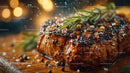 Juicy Grilled Steak with Herb Garnish on Wooden Surface