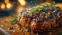 Juicy Grilled Steak with Herb Garnish on Wooden Surface