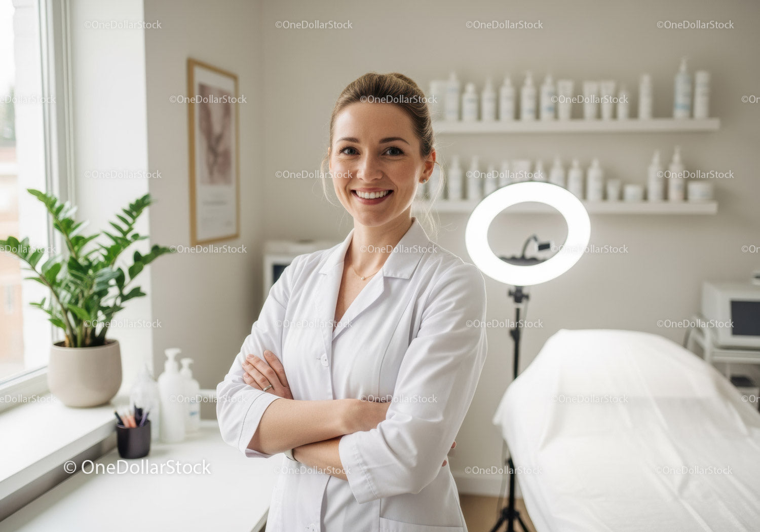 Profesjonalna pracownica służby zdrowia w jasnej, nowoczesnej klinice