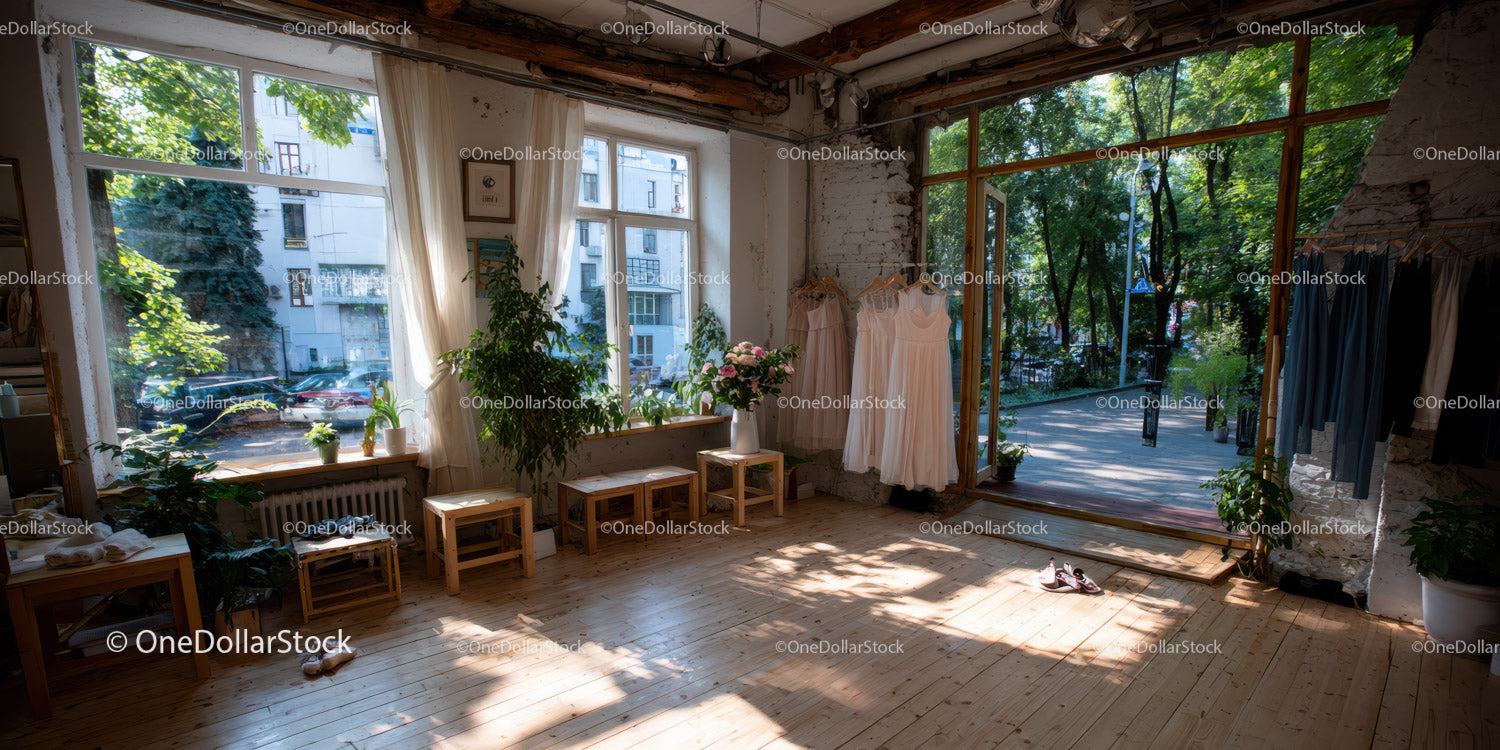 Bright Boutique Interior with Pastel Dresses and Green Plants