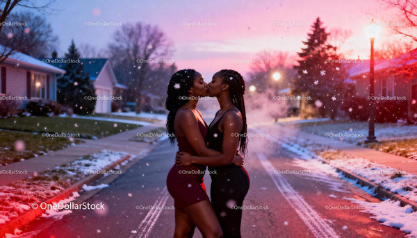 Loving couple sharing a kiss on snowy street at sunset