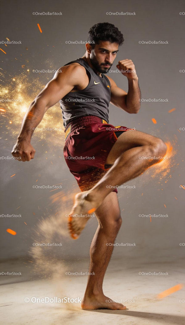 Male Martial Artist Delivering Powerful Kick with Fire Effect
