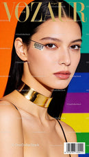 Elegant woman with metallic choker and vibrant background