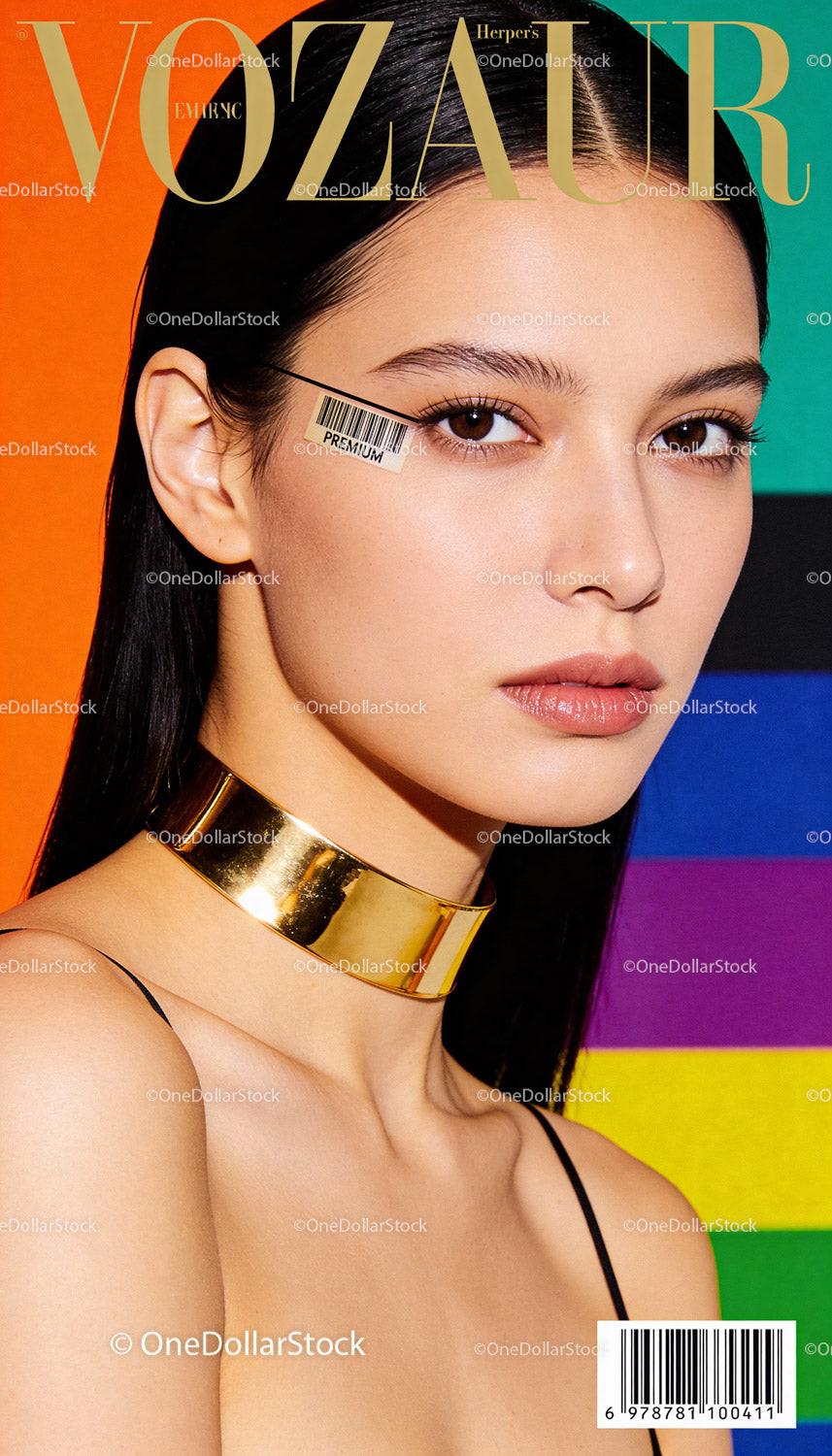 Elegant woman with metallic choker and vibrant background