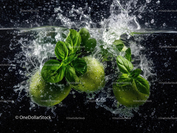 Fresh Green Basil Leaves Splashing Into Water Captured in Motion