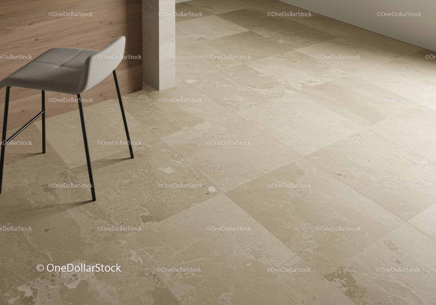 Modern Interior with Beige Tile Floor and Stylish Chair