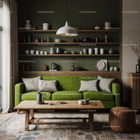 Cozy living room with green sofa and wooden accents