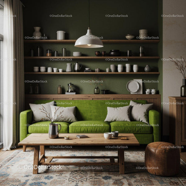 Cozy living room with green sofa and wooden accents