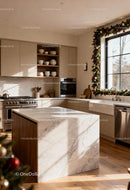 Modern kitchen with marble island and holiday decorations