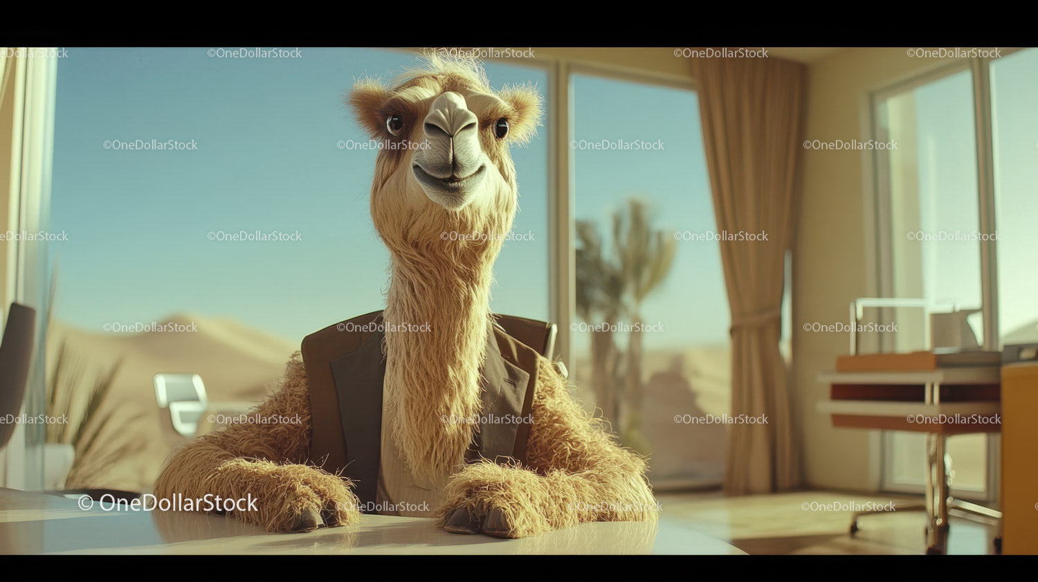 Camel in Business Suit Sitting at Modern Office Desk