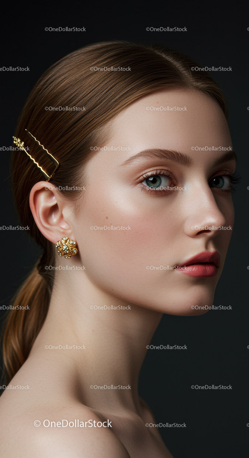 Elegant Young Woman with Blue Eyes and Gold Jewelry